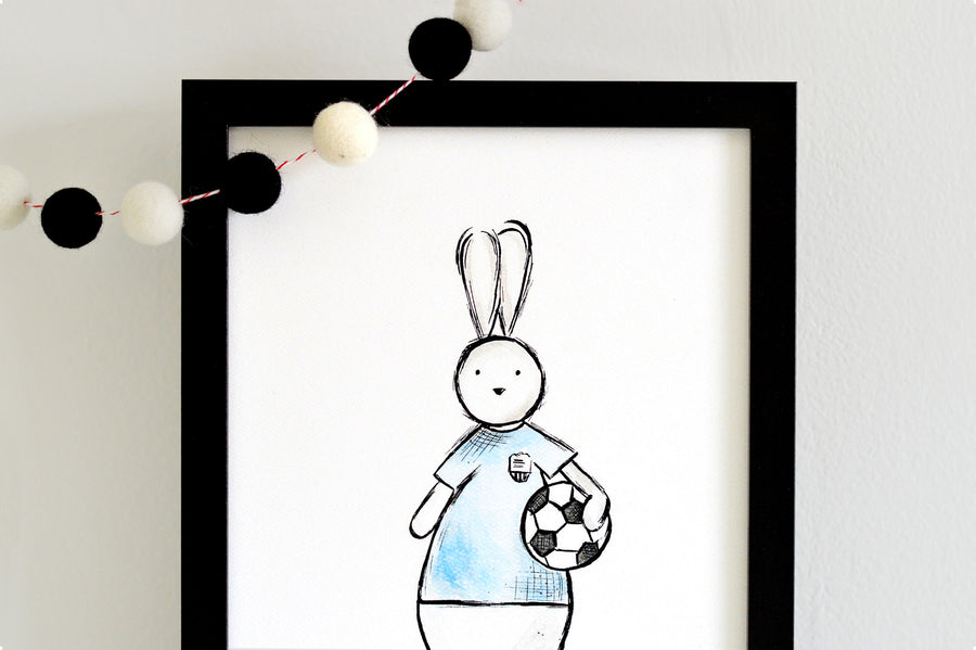 Nursery Art Print Baby Boy - Soccer Bunny Captain Bun | Shenasi Concept