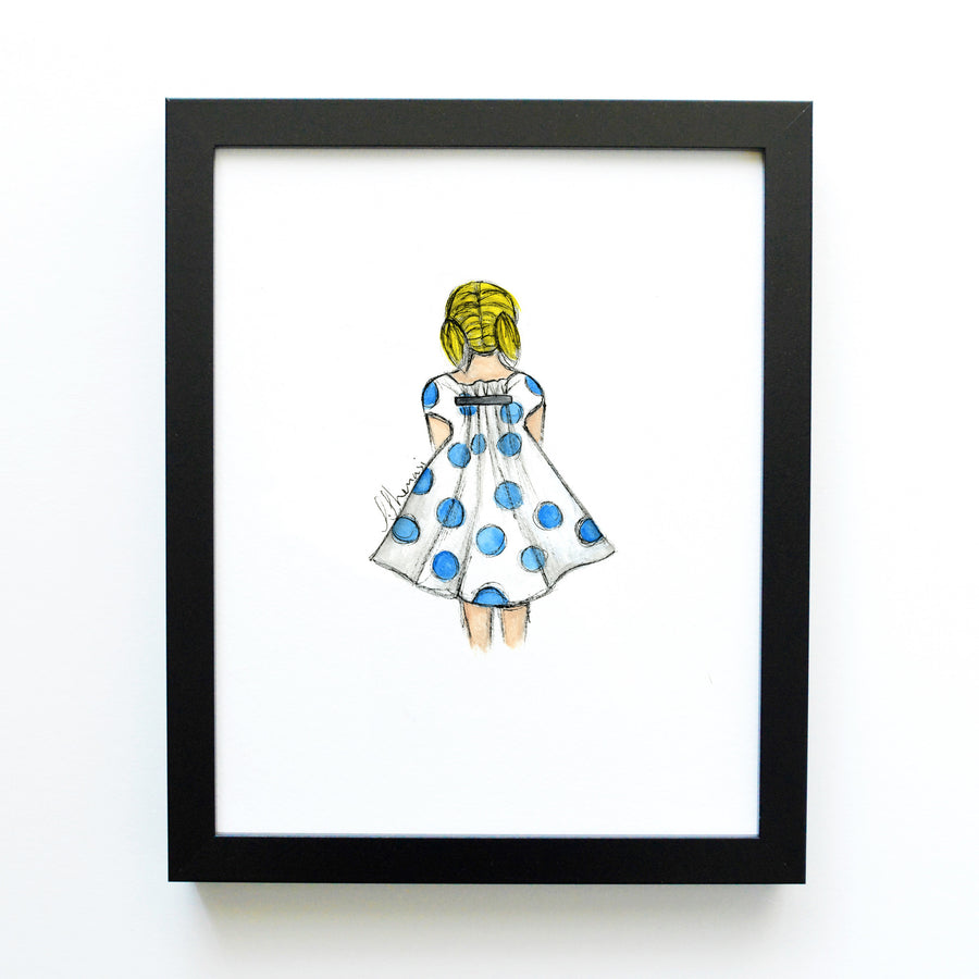 art for kids - girl in blue polkadot dress - shenasi concept